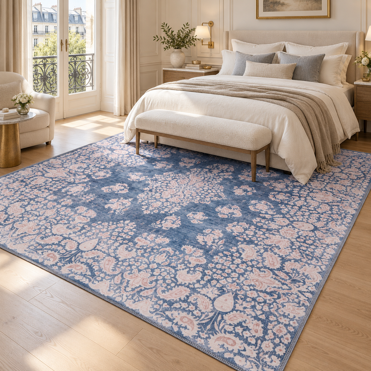 Germanica Washable R3 — washable r3 denim blue floral bedroom rug 04