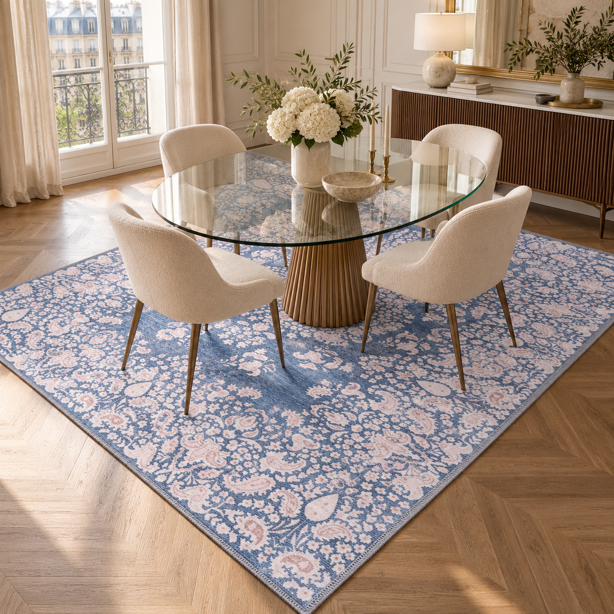 Germanica Washable R3 — washable r3 denim blue floral dining room rug 07