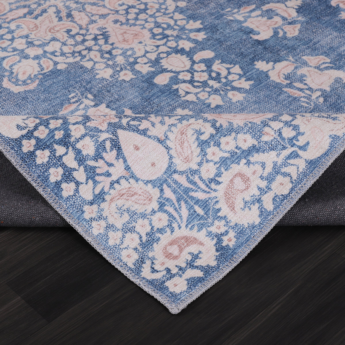 Germanica Washable R3 — washable r3 denim blue floral folded corner close up rug 17
