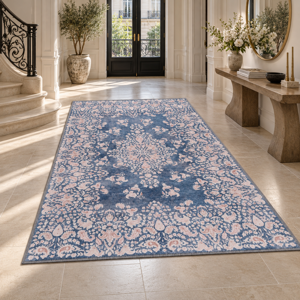 Germanica Washable R3 — washable r3 denim blue floral hallway entrance rug 09