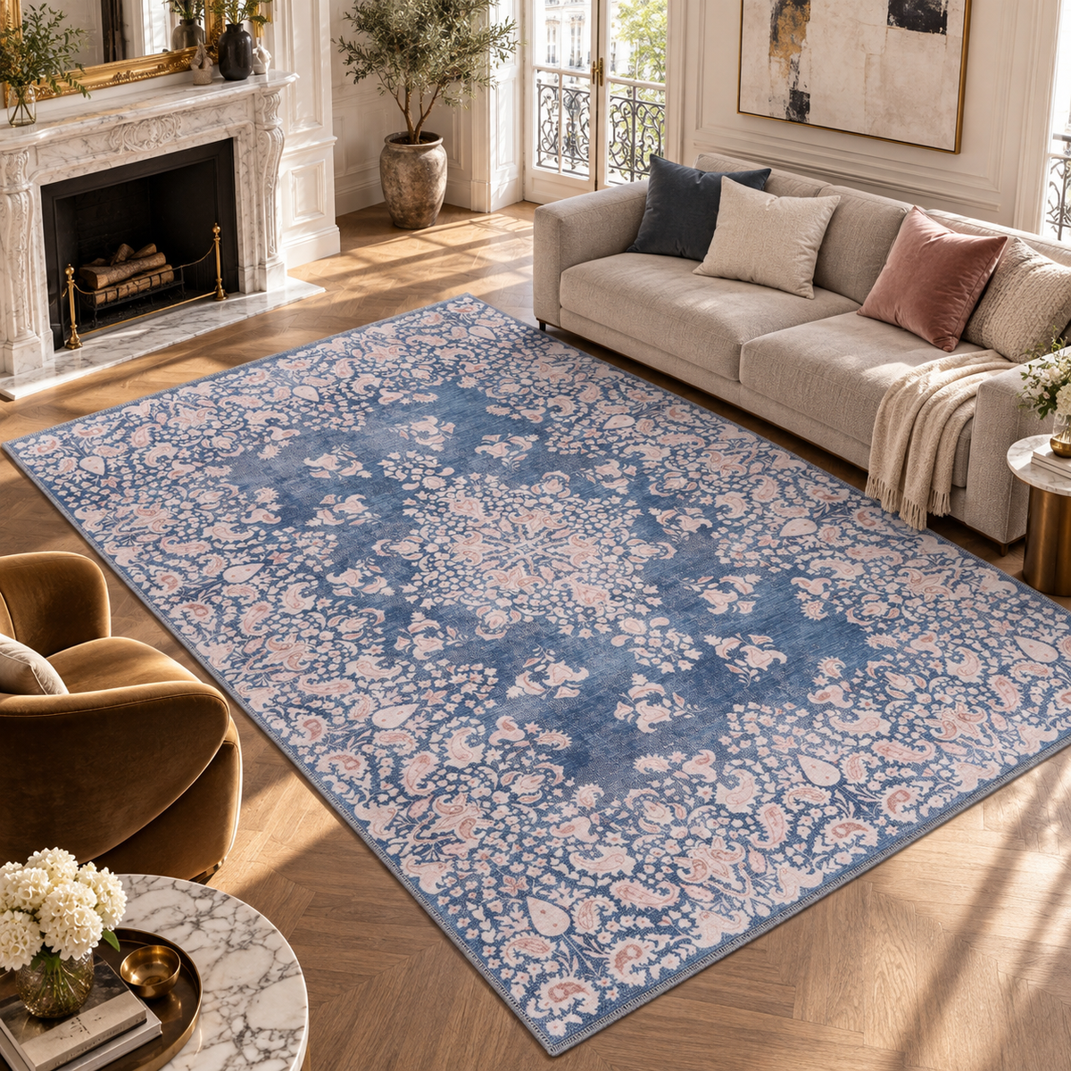 Germanica Washable R3 — washable r3 denim blue floral living room rug 03