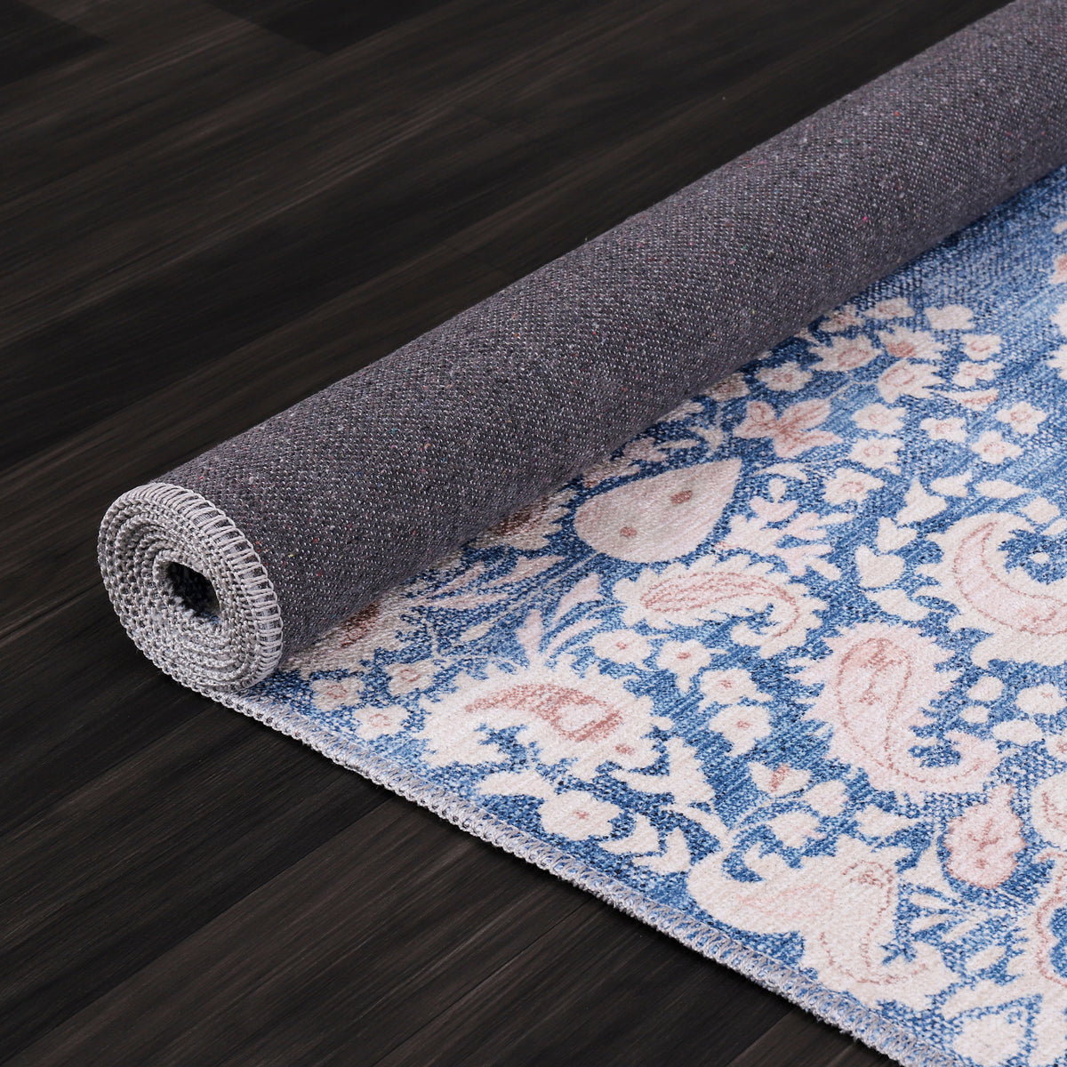 Germanica Washable R3 — washable r3 denim blue floral rolled non slip backing rug 15