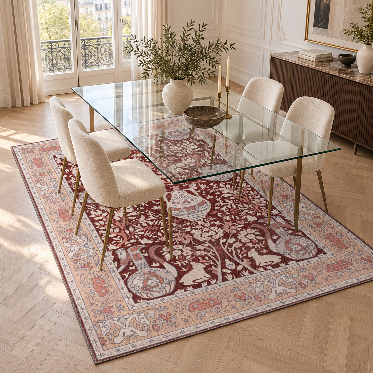 Germanica Washable R4 — washable r4 burgundy floral vase dining room rug 06