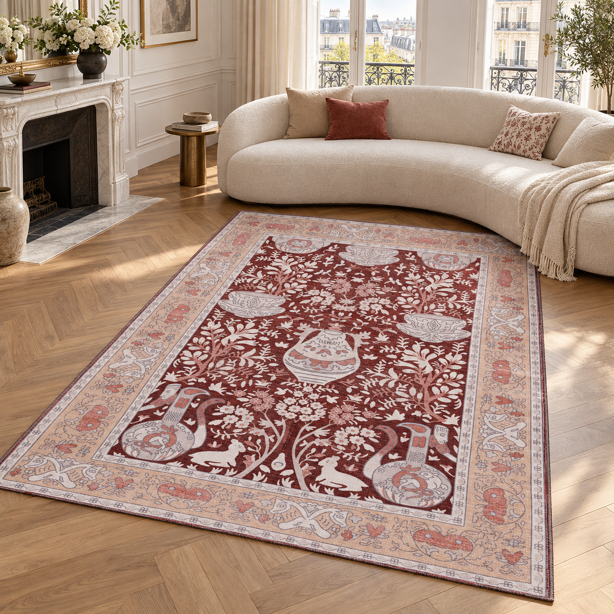 Germanica Washable R4 — washable r4 burgundy floral vase living room rug 01