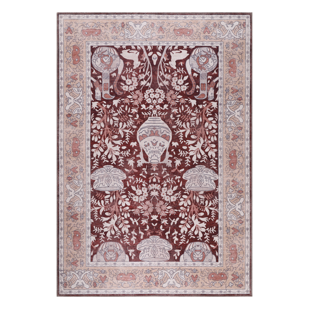 Germanica Washable R4 — washable r4 burgundy floral vase top view rug 14
