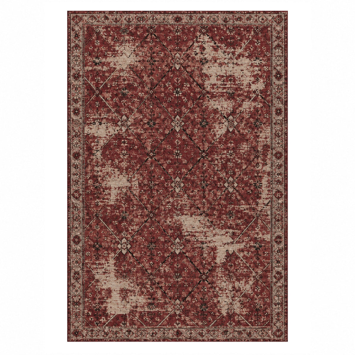Ghost Lattice Burgundy Red Vintage Washable Rug — top view