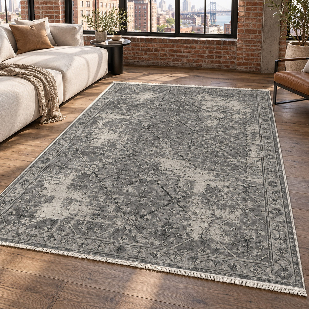 Ghost Lattice Charcoal Silver Vintage Washable Rug — new york living