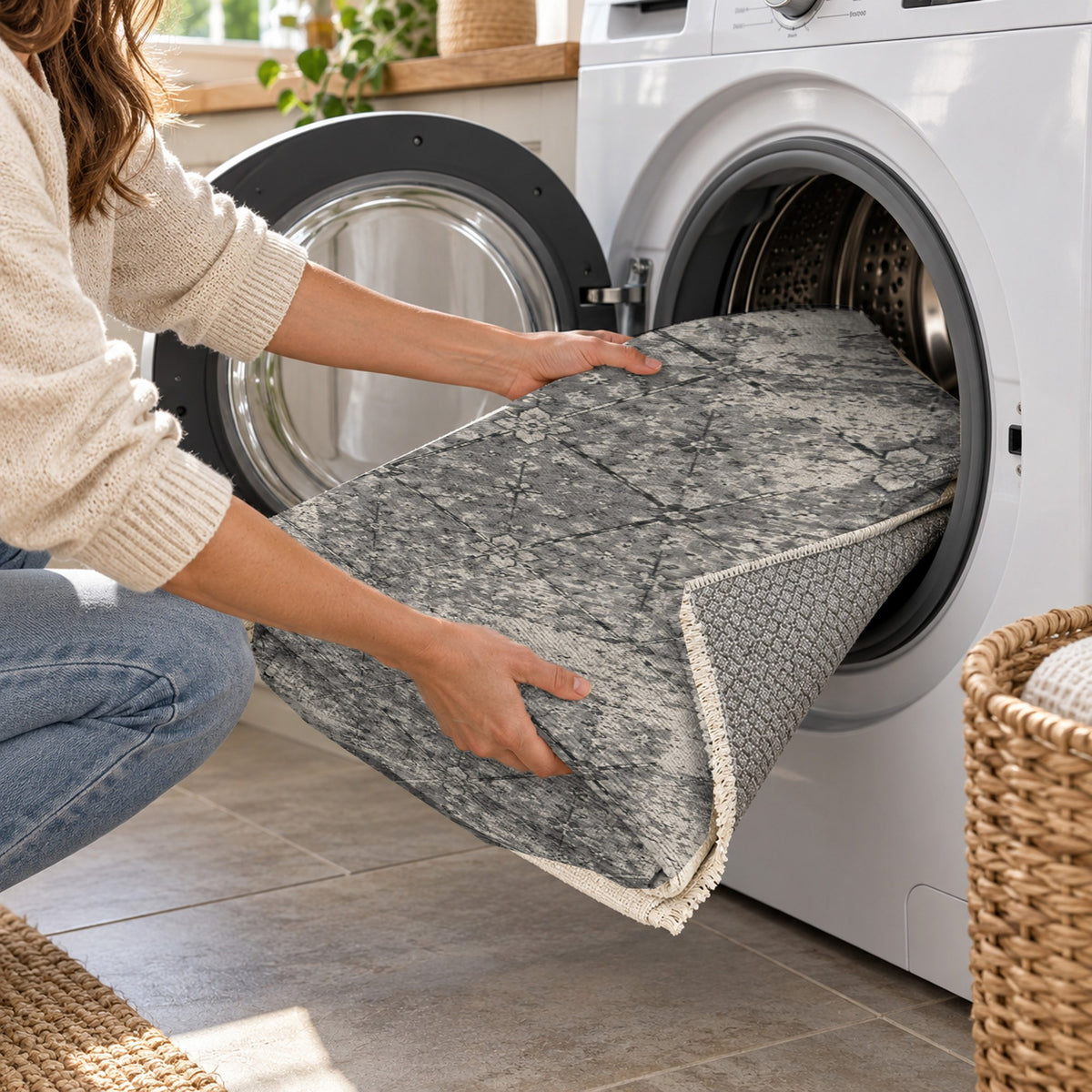 Ghost Lattice Charcoal Silver Vintage Washable Rug — washing machine