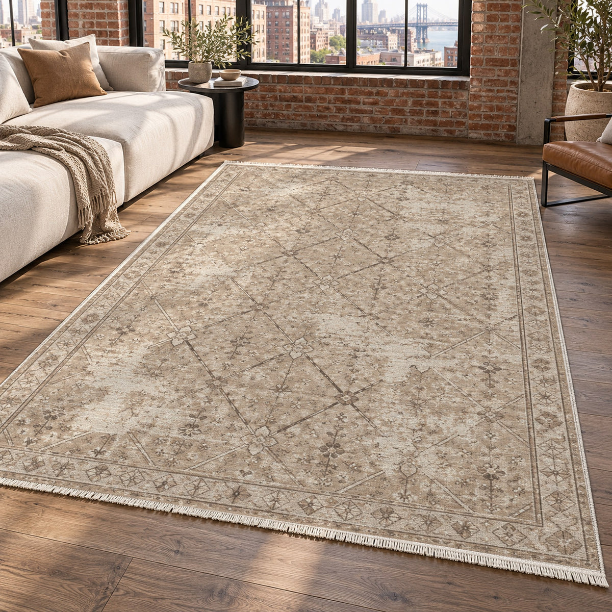 Ghost Lattice Ivory Taupe Vintage Washable Rug — new york living
