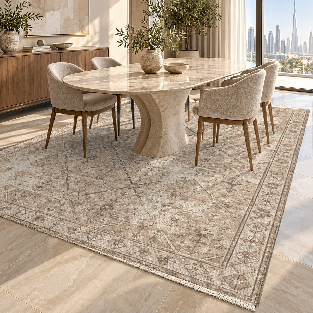 Ghost Lattice Ivory Taupe Vintage Washable Rug — dubai dining