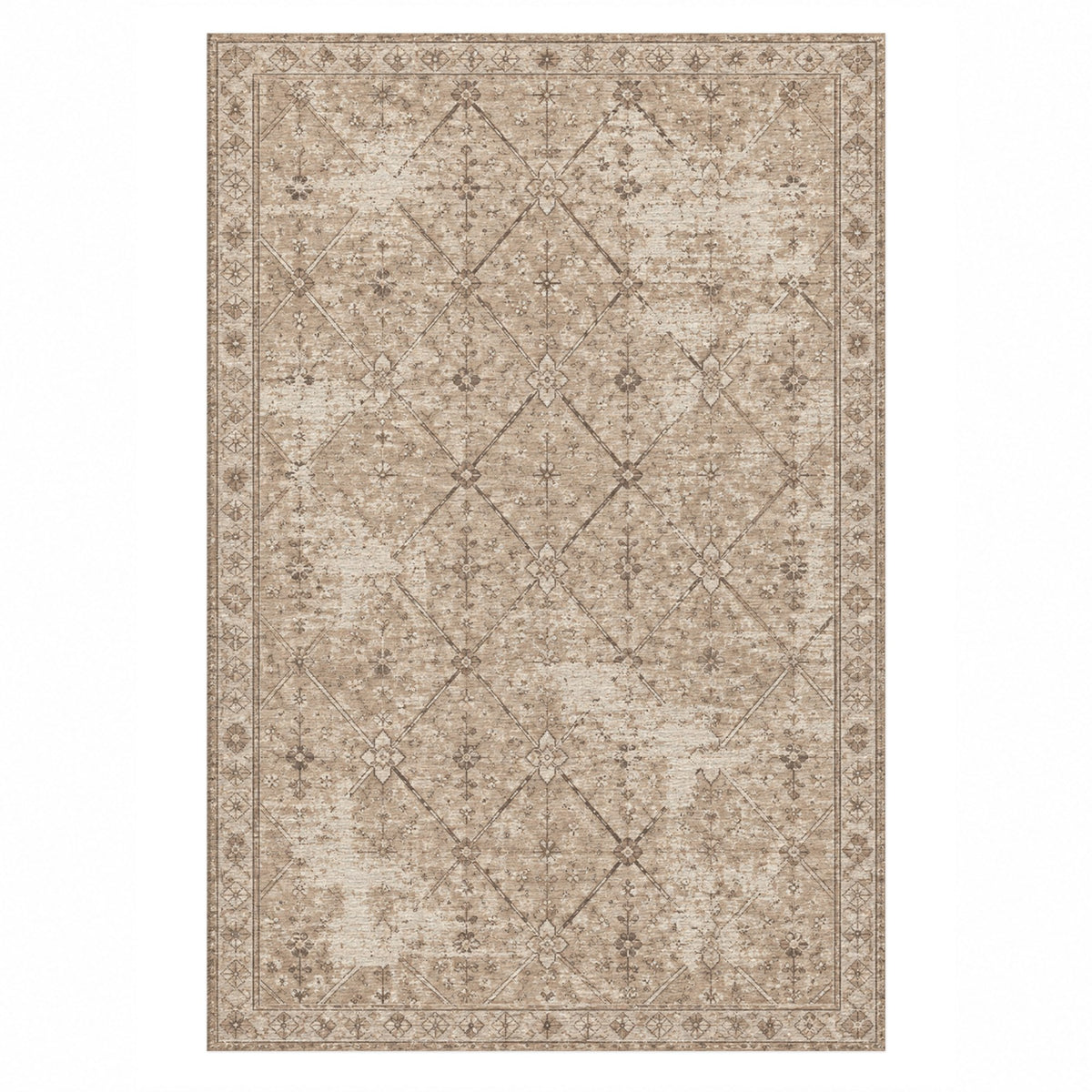 Ghost Lattice Ivory Taupe Vintage Washable Rug — top view