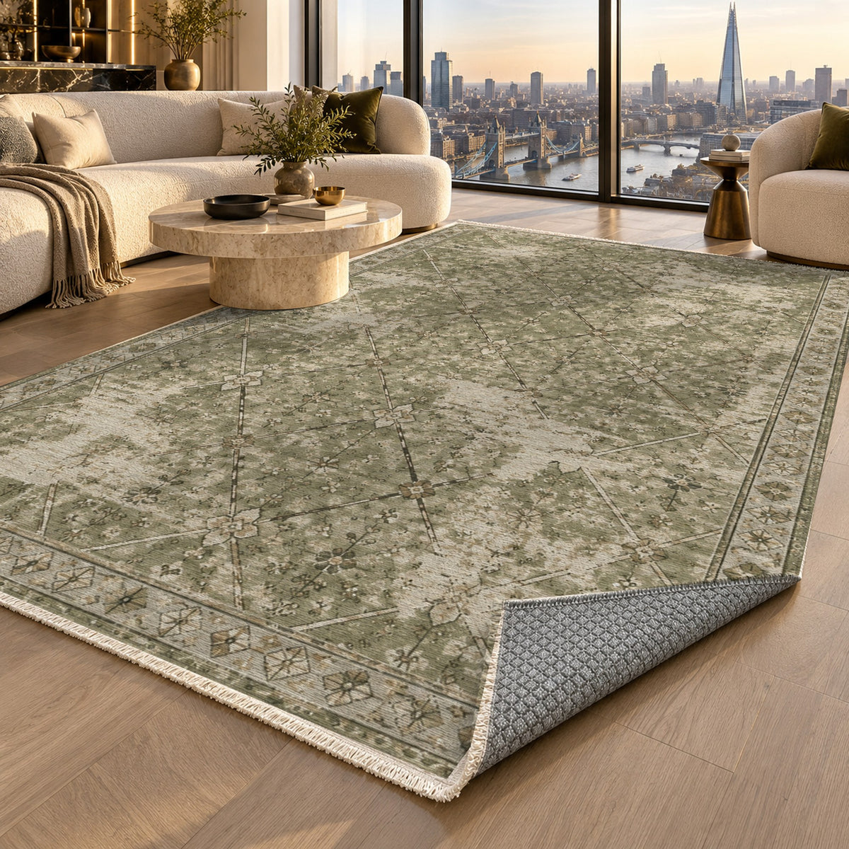 Ghost Lattice Olive Green Vintage Washable Rug — london luxury living
