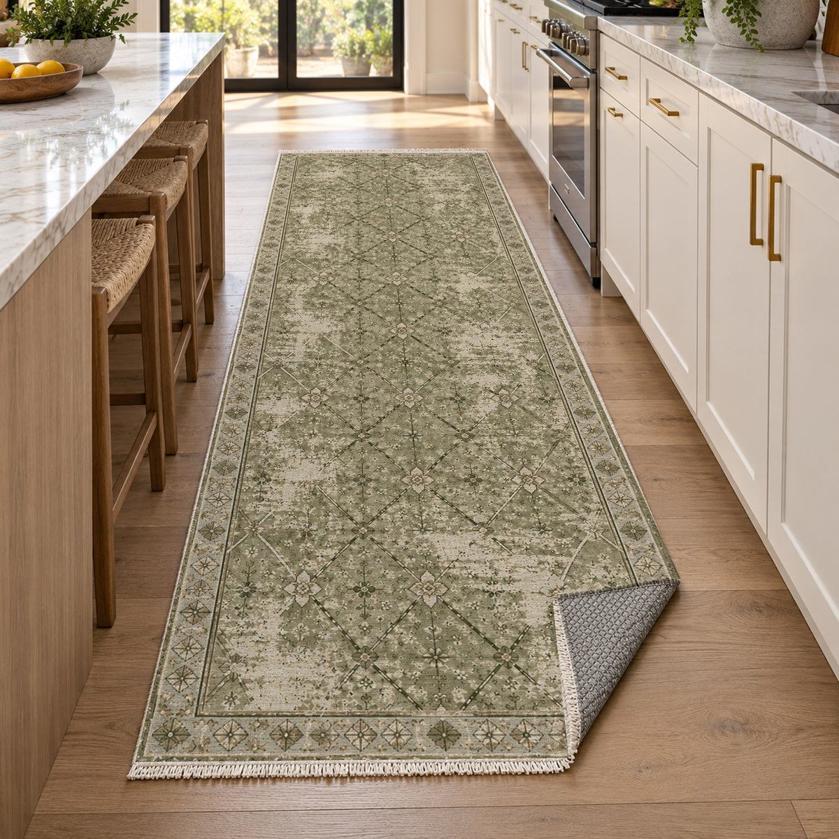Ghost Lattice Olive Green Vintage Washable Rug — new york kitchen runner