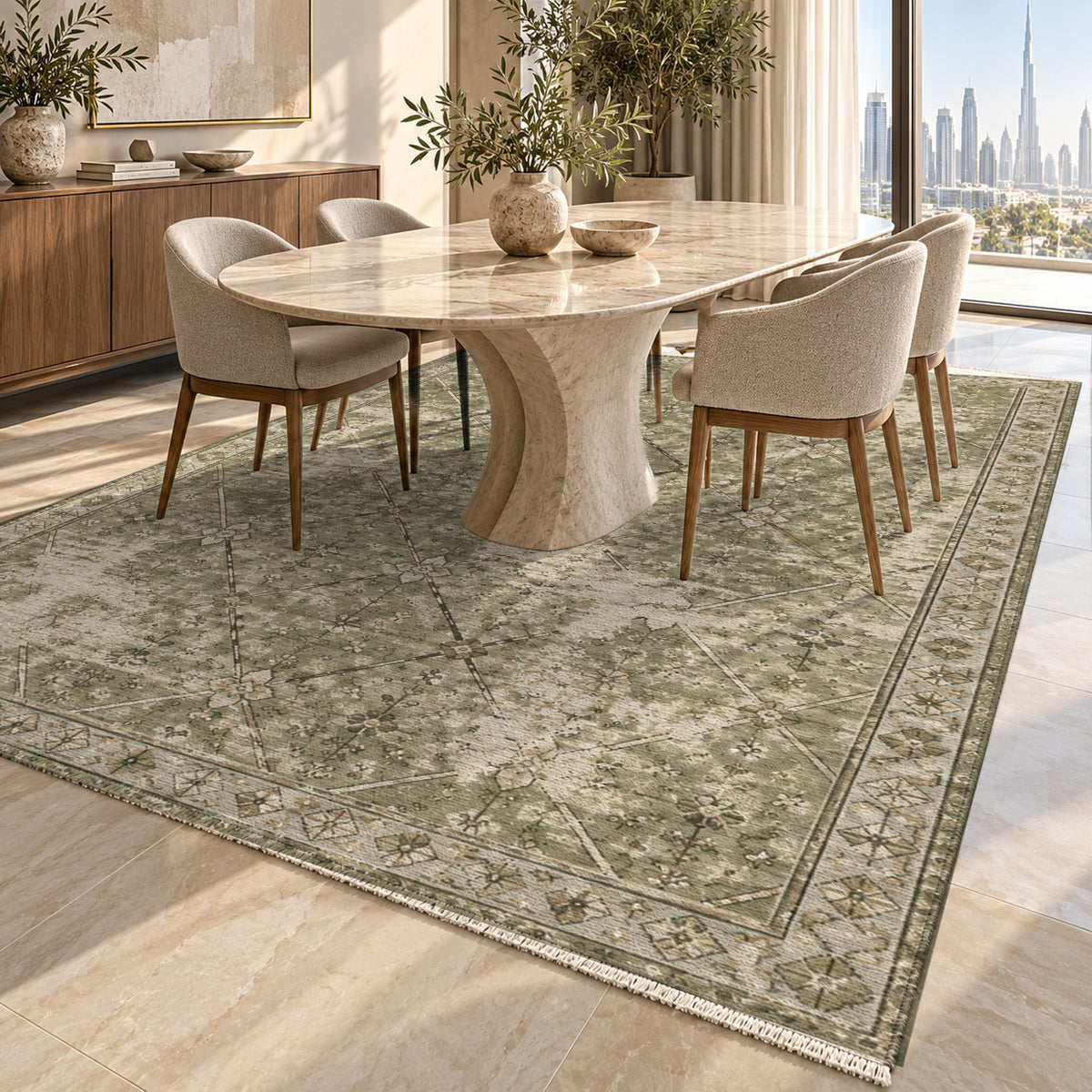 Ghost Lattice Olive Green Vintage Washable Rug — dubai dining
