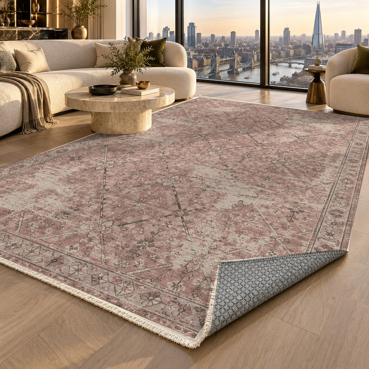 Ghost Lattice Rose Pink Vintage Washable Rug — london luxury living