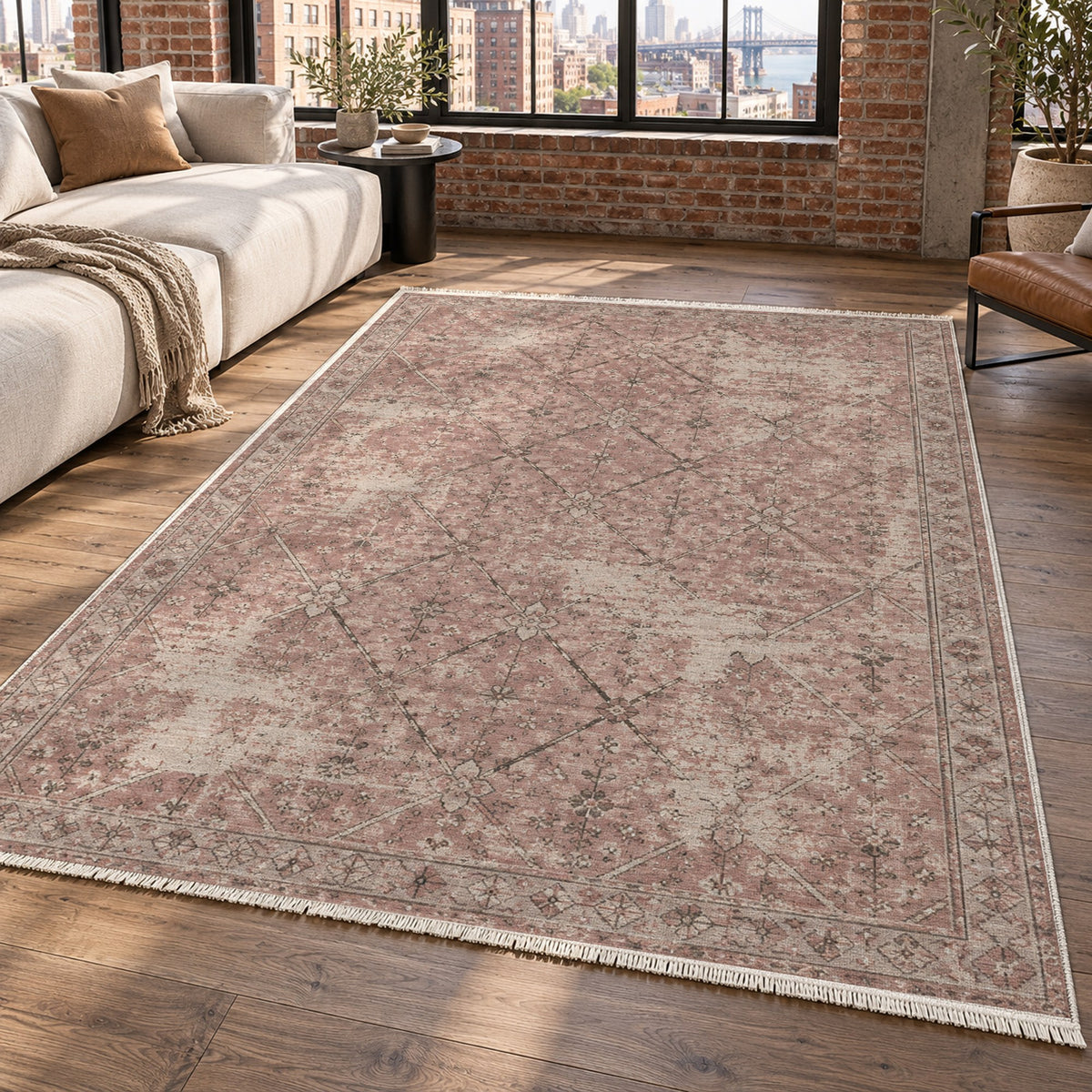 Ghost Lattice Rose Pink Vintage Washable Rug — new york living