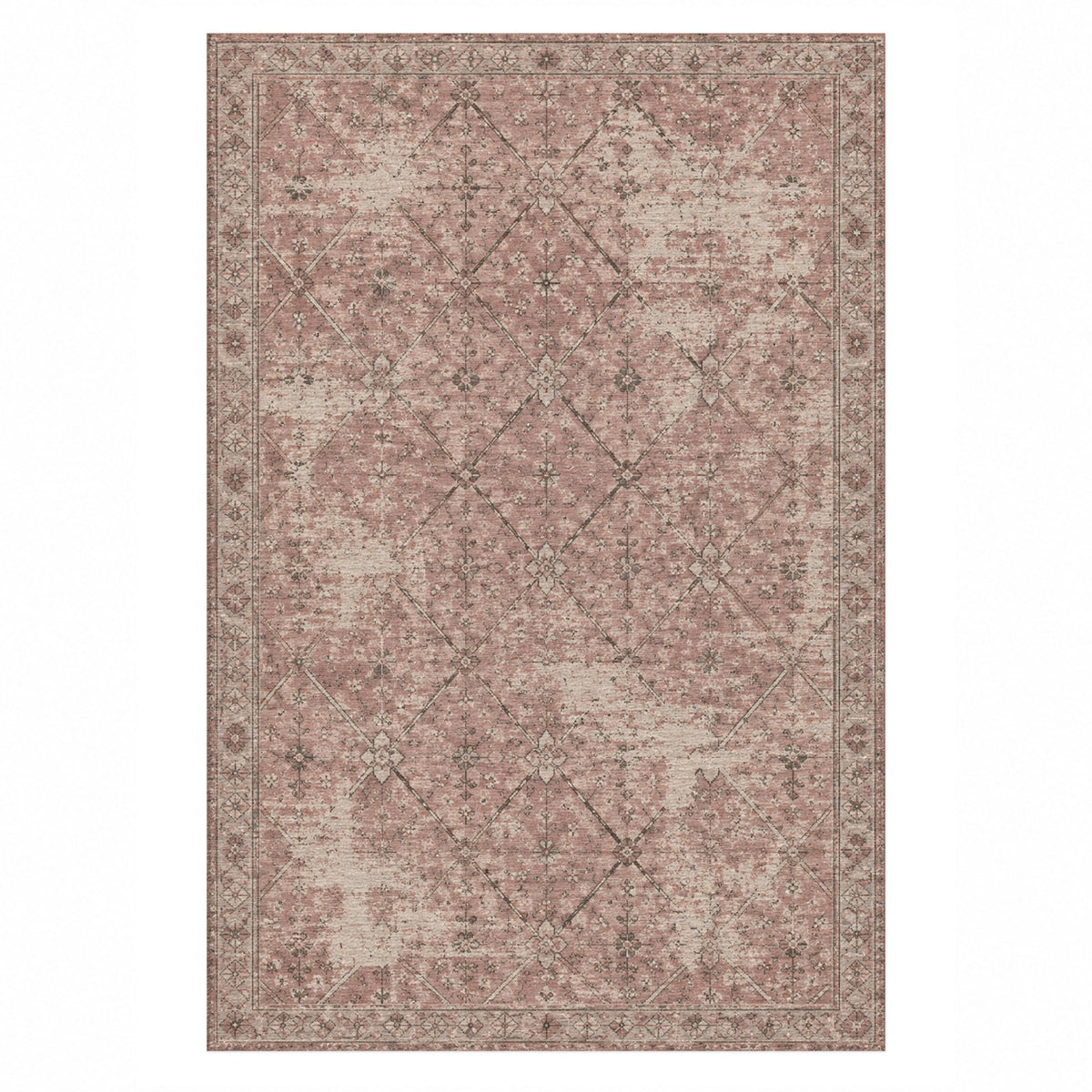 Ghost Lattice Rose Pink Vintage Washable Rug — top view