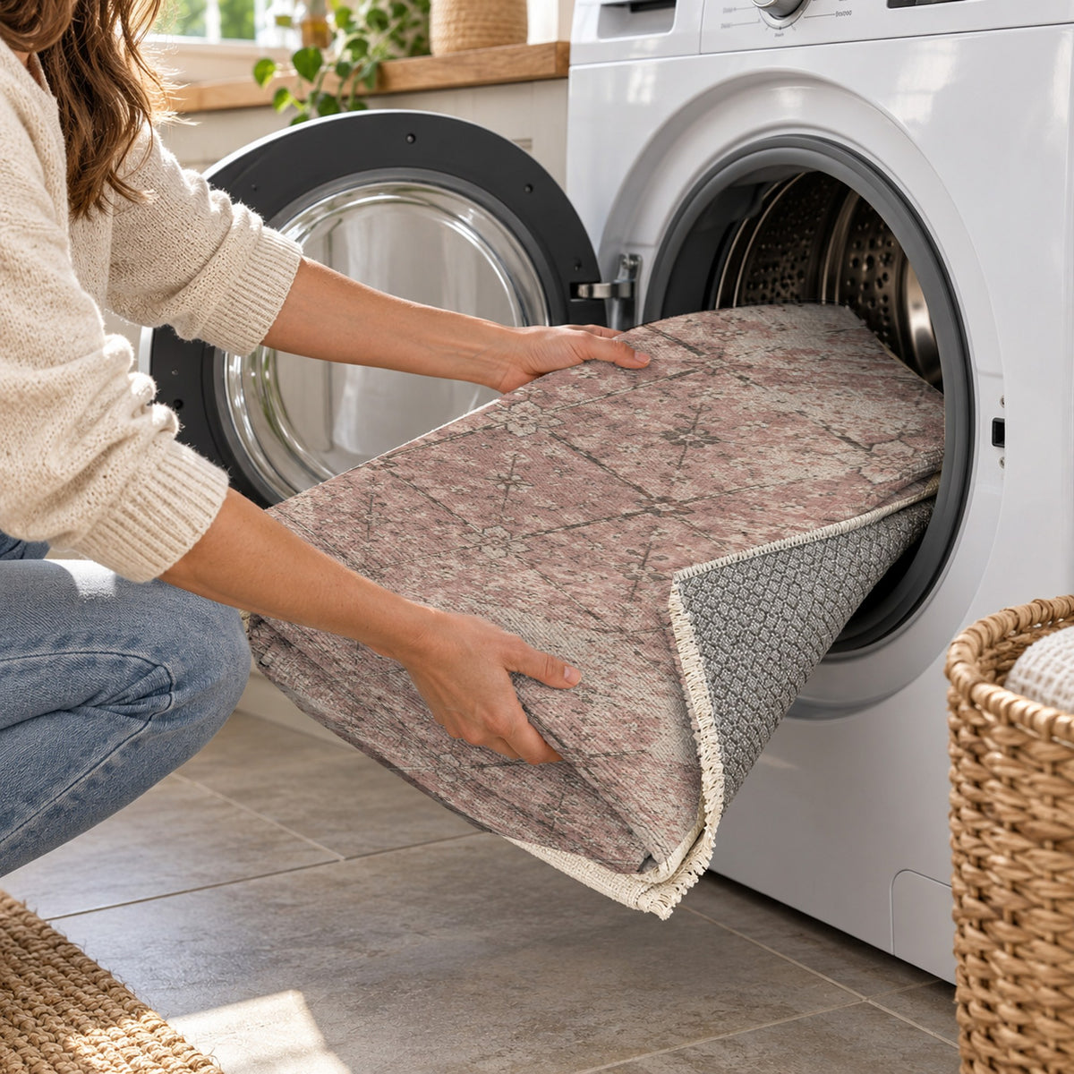 Ghost Lattice Rose Pink Vintage Washable Rug — washing machine