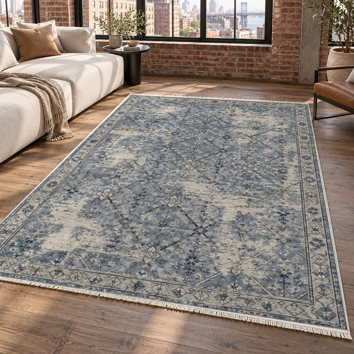 Ghost Lattice Slate Blue Vintage Washable Rug — new york living