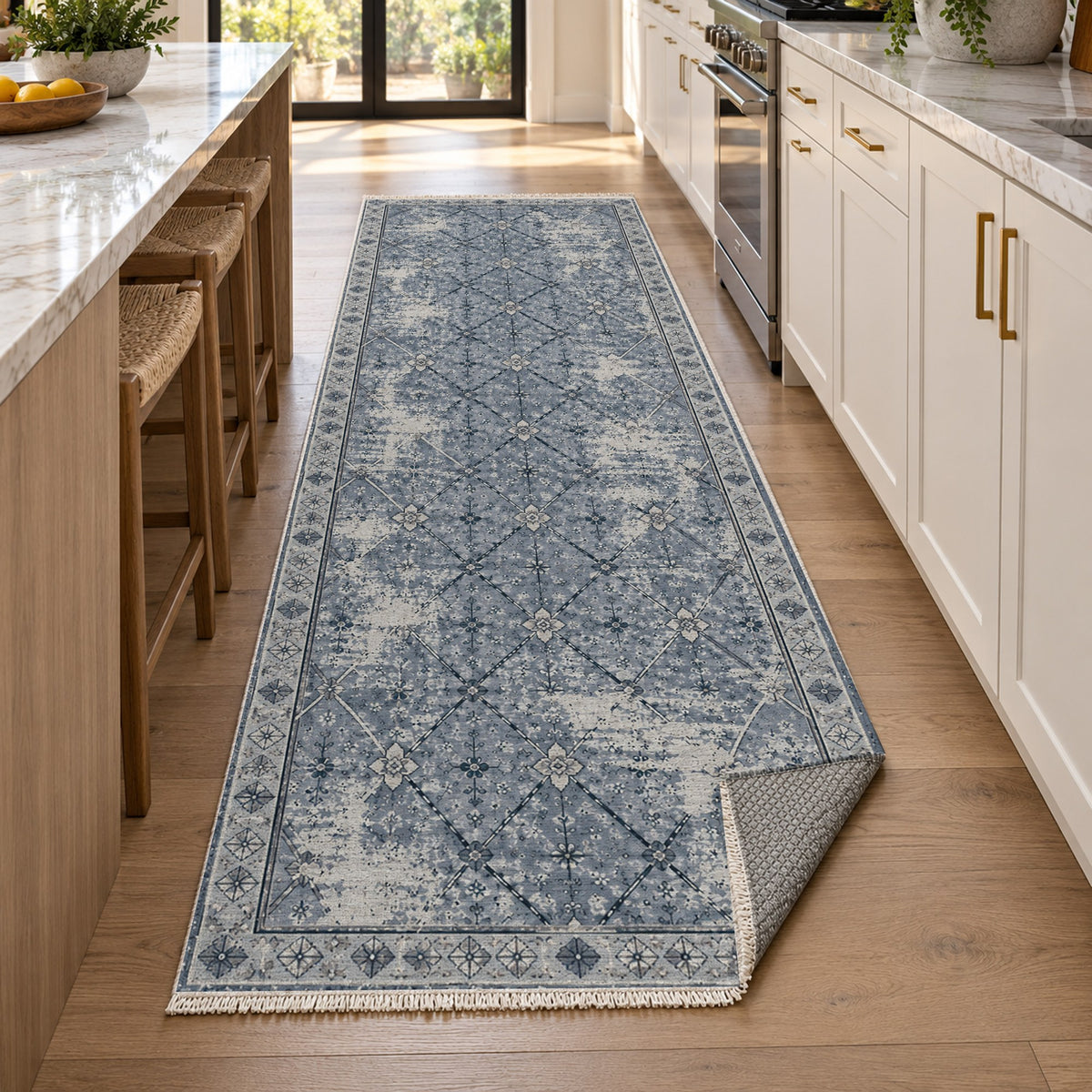 Ghost Lattice Slate Blue Vintage Washable Rug — new york kitchen runner