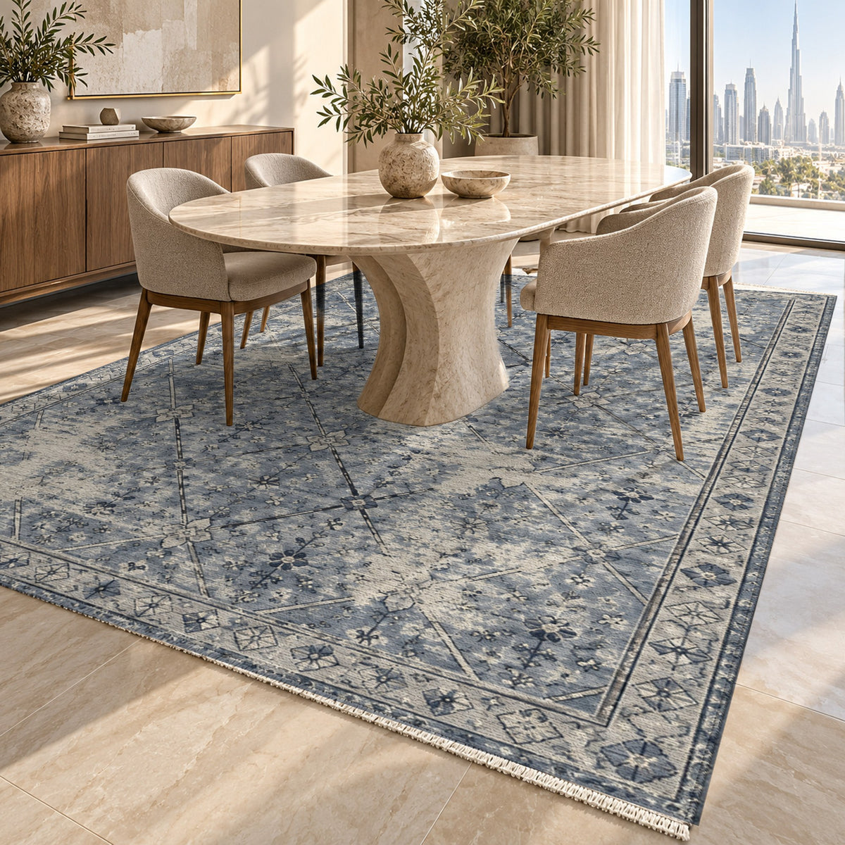 Ghost Lattice Slate Blue Vintage Washable Rug — dubai dining