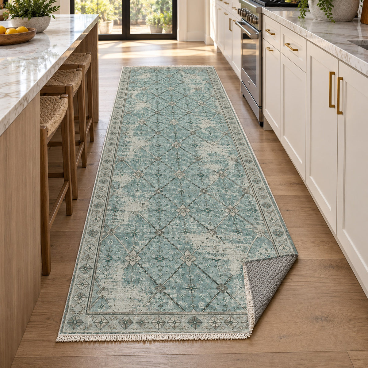 Ghost Lattice Turquoise Blue Vintage Washable Rug — new york kitchen runner