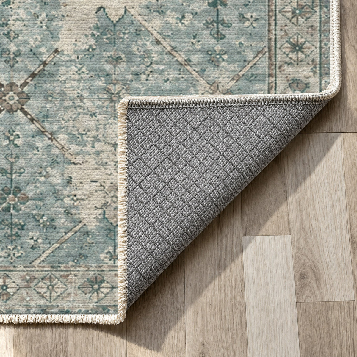 Ghost Lattice Turquoise Blue Vintage Washable Rug — backing close up