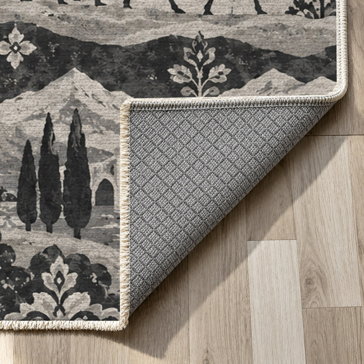 Golden Caravan Charcoal Ethnic Washable Rug — backing close up