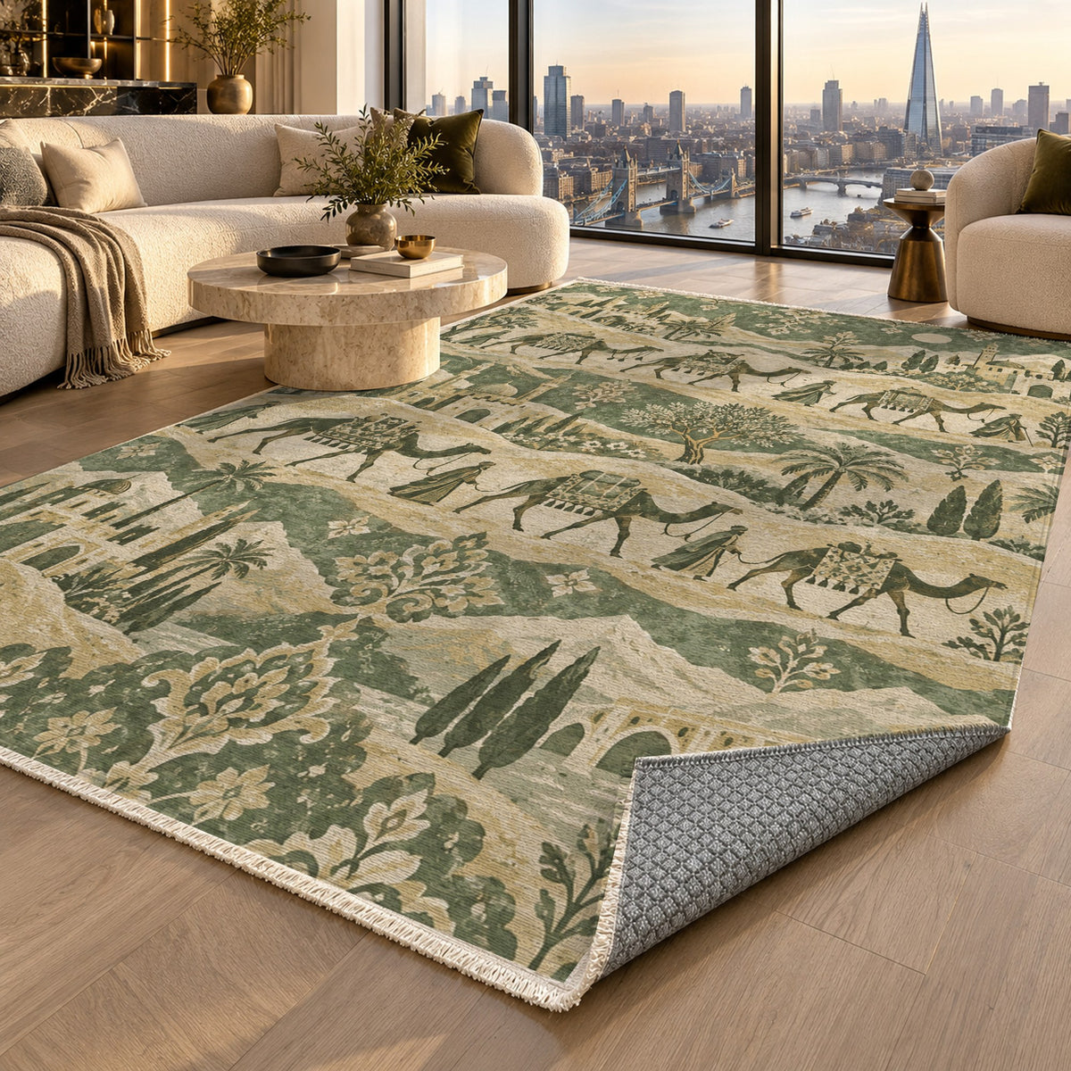 Golden Caravan Sage Ethnic Washable Rug — london luxury living