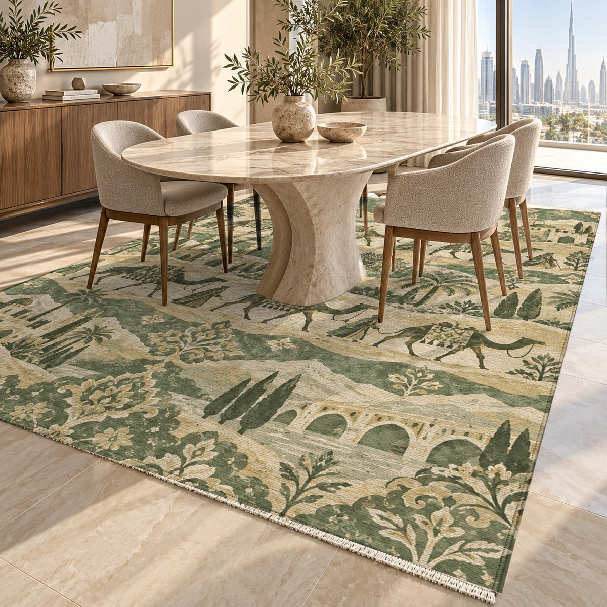 Golden Caravan Sage Ethnic Washable Rug — dubai dining