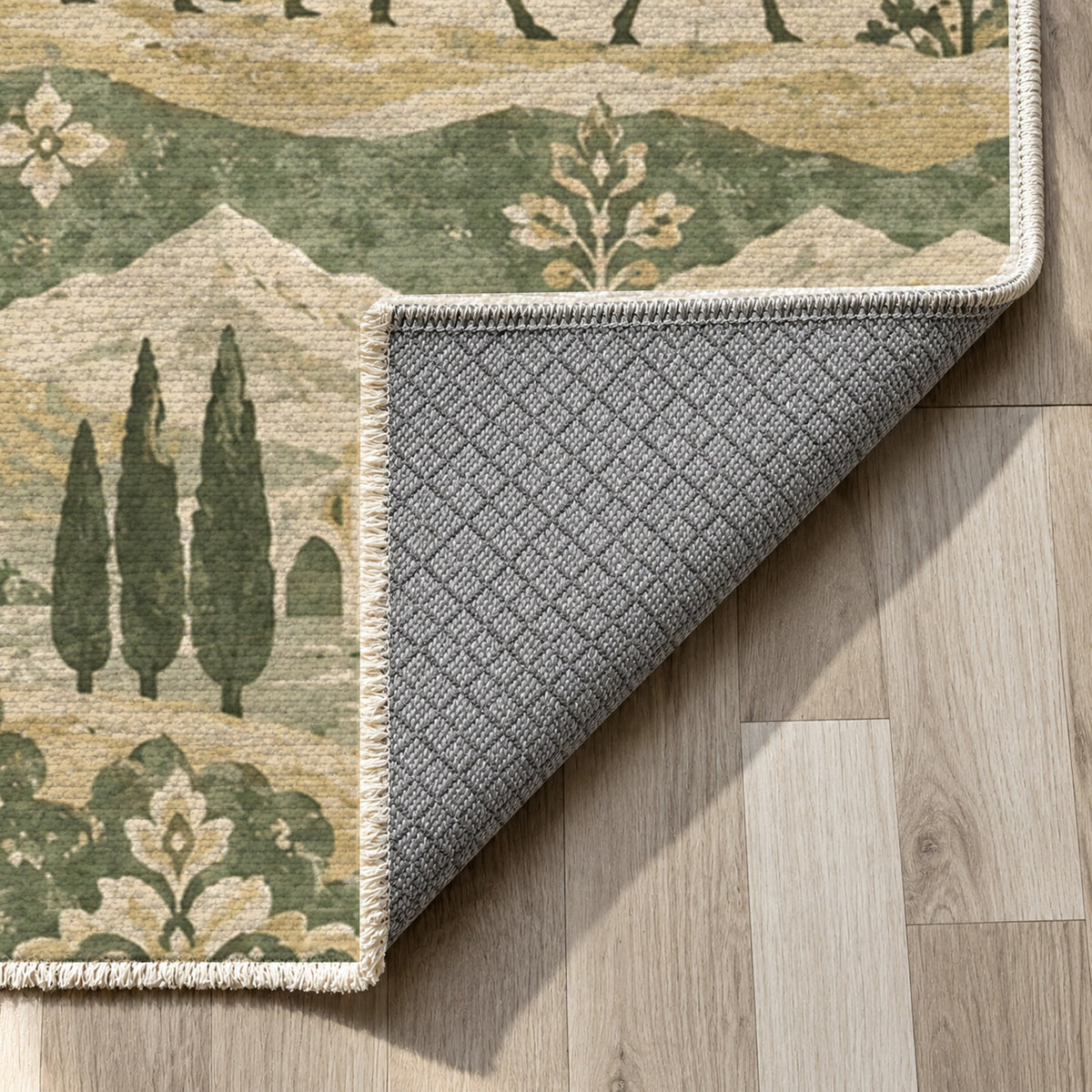 Golden Caravan Sage Ethnic Washable Rug — backing close up