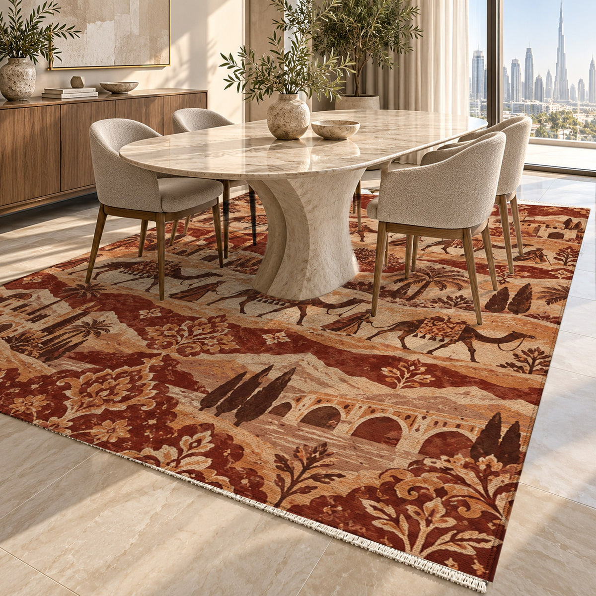 Golden Caravan Terracotta Ethnic Washable Rug — dubai dining