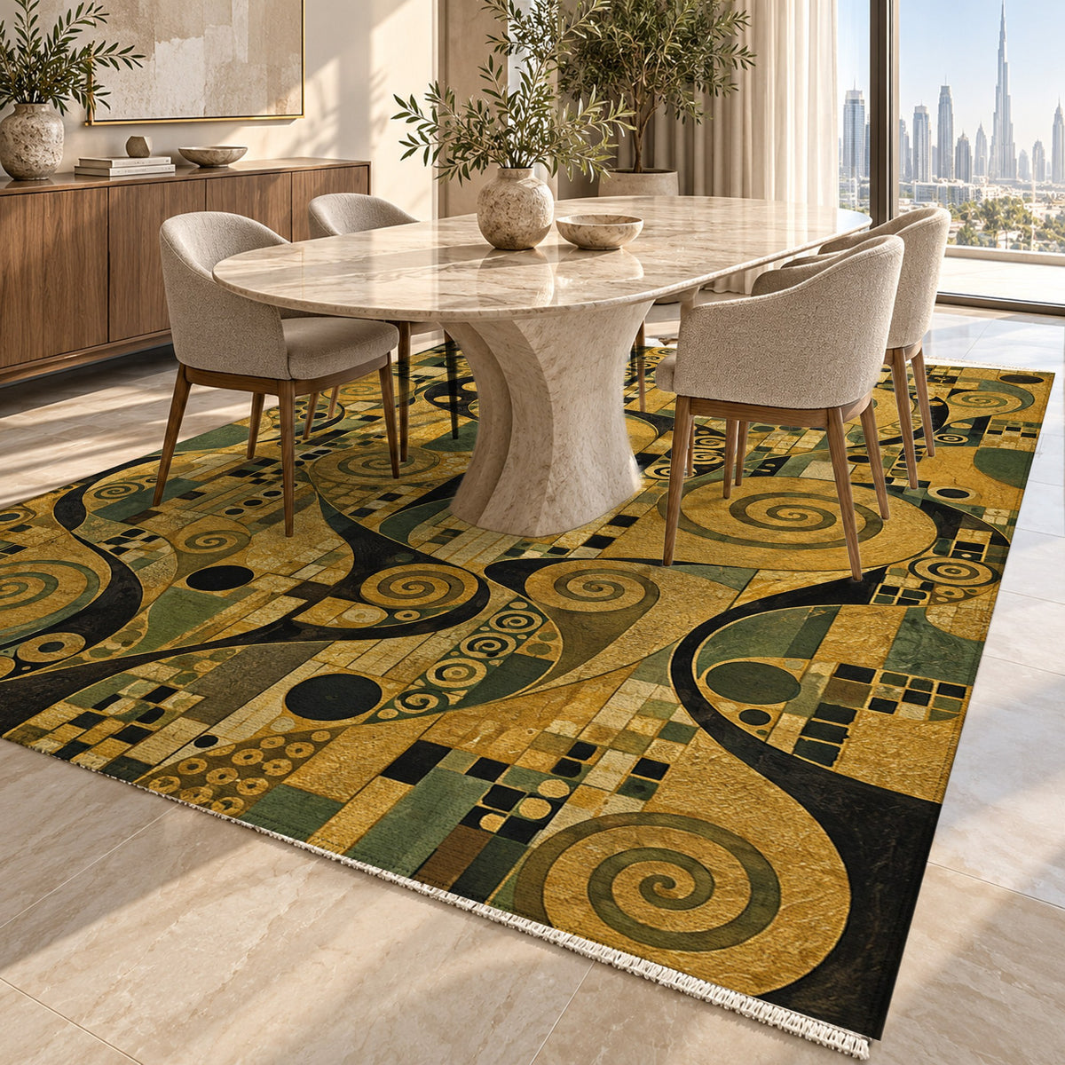Golden Mosaic Abstract Washable Rug — dubai dining