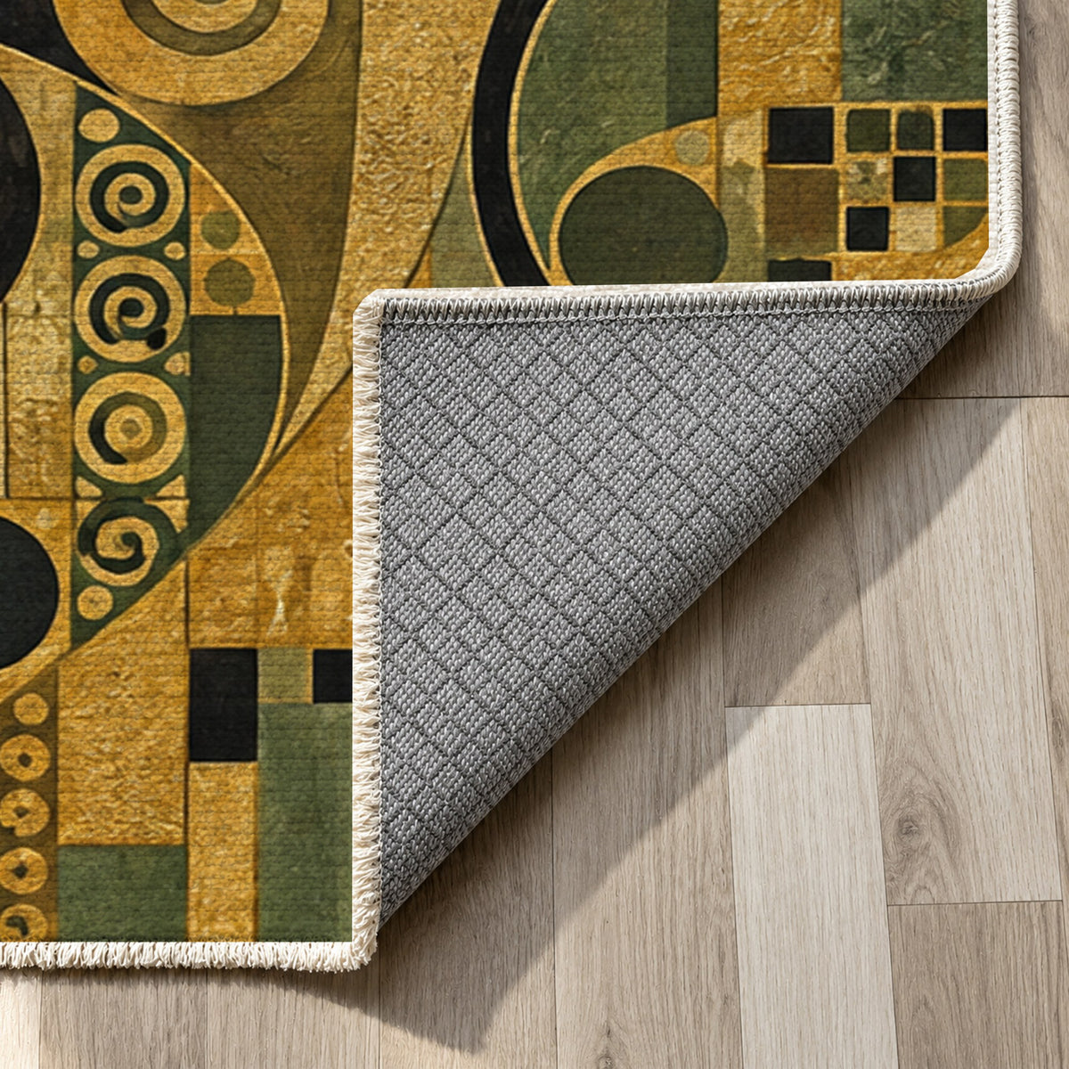 Golden Mosaic Abstract Washable Rug — backing close up