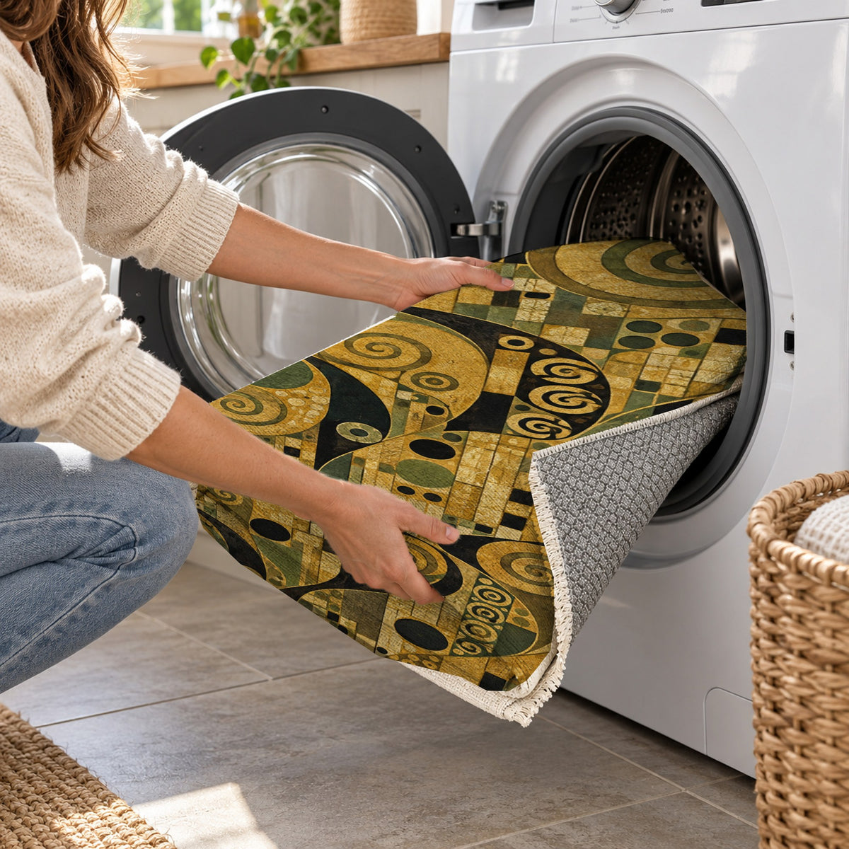 Golden Mosaic Abstract Washable Rug — washing machine