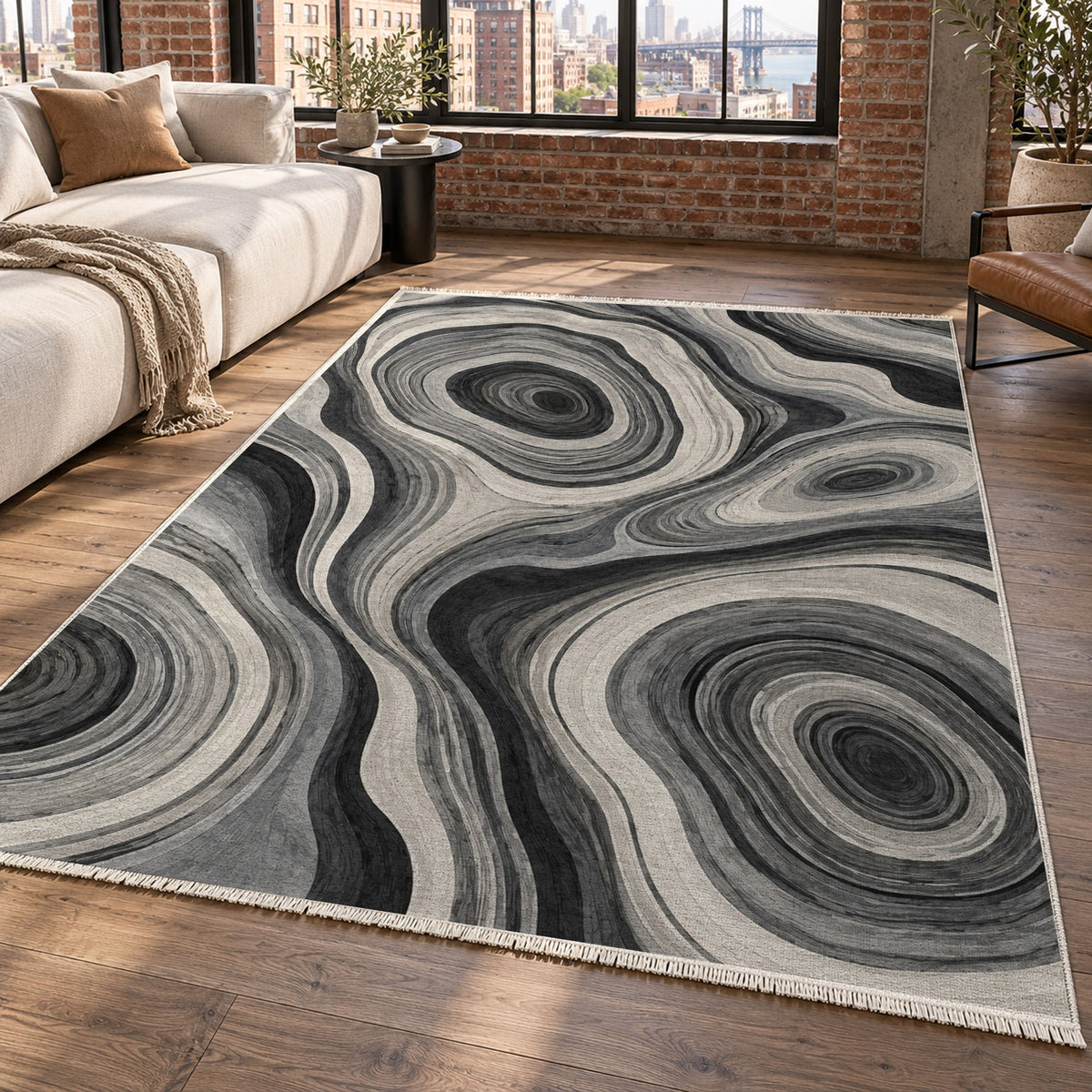 Growth Rings Charcoal Floral Washable Rug — new york living