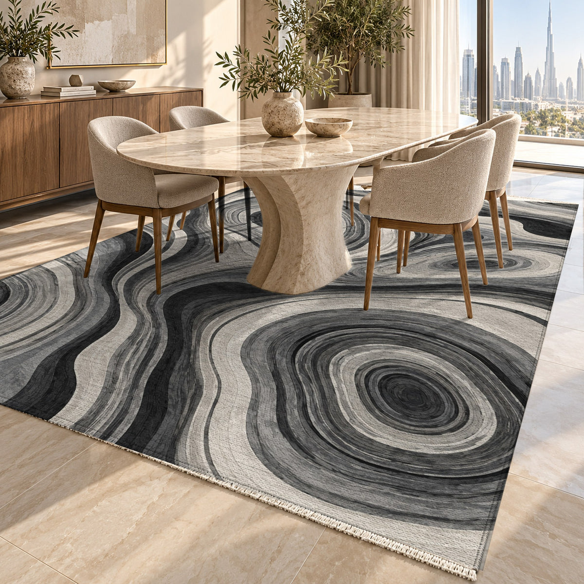 Growth Rings Charcoal Floral Washable Rug — dubai dining