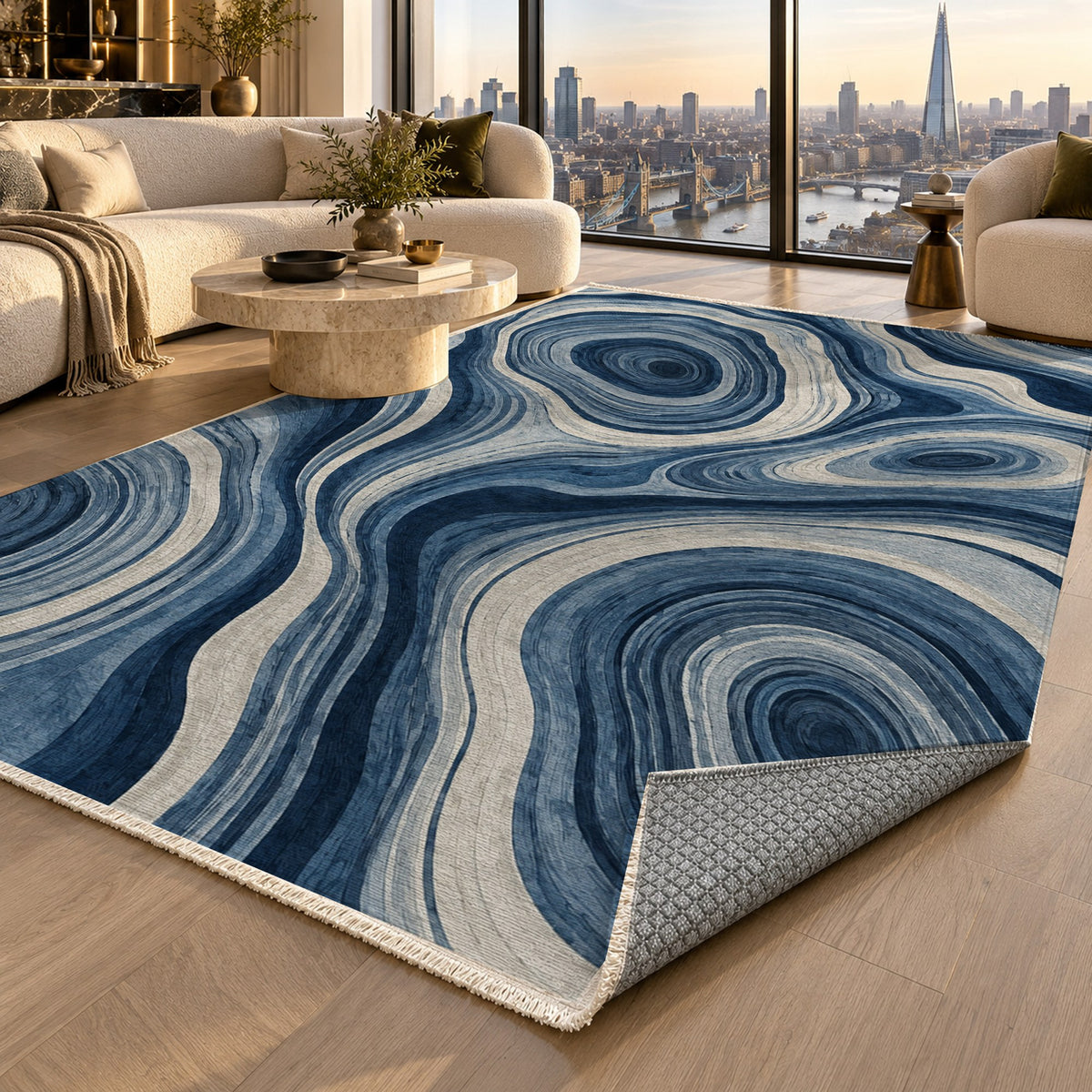 Growth Rings Indigo Floral Washable Rug — london luxury living