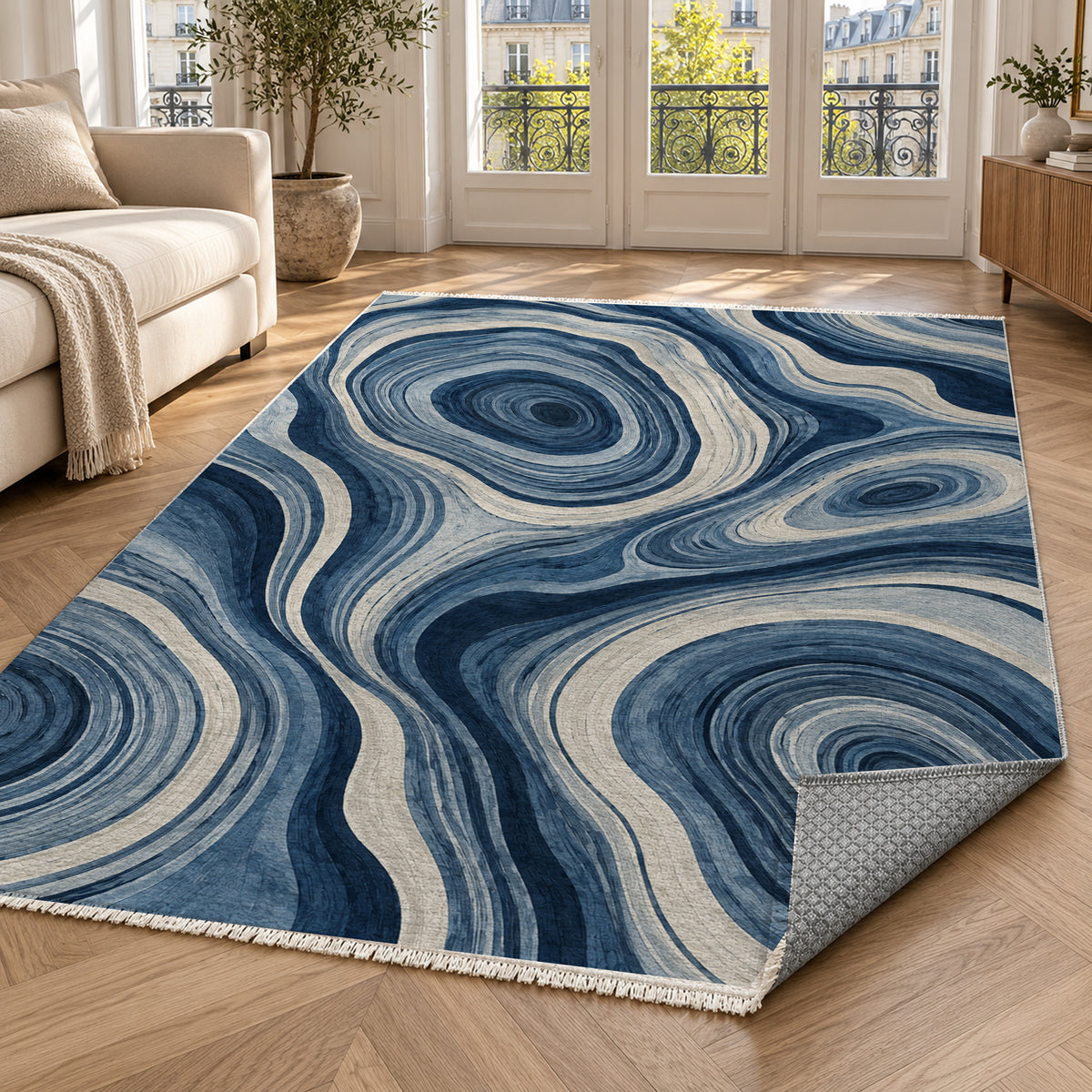 Growth Rings Indigo Floral Washable Rug — paris living
