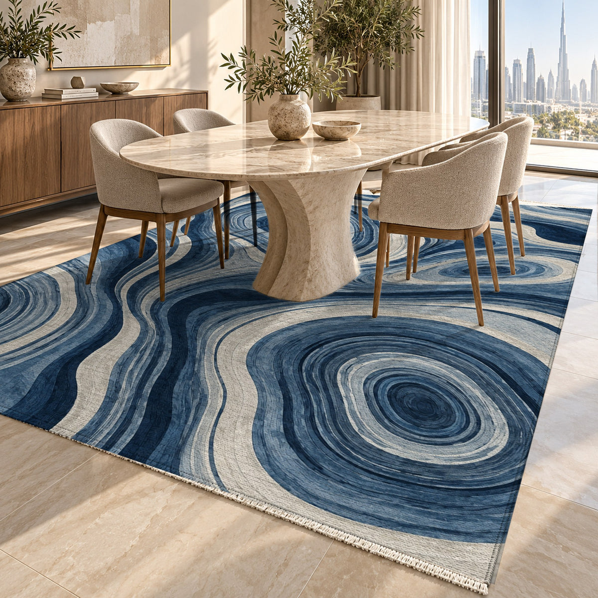 Growth Rings Indigo Floral Washable Rug — dubai dining