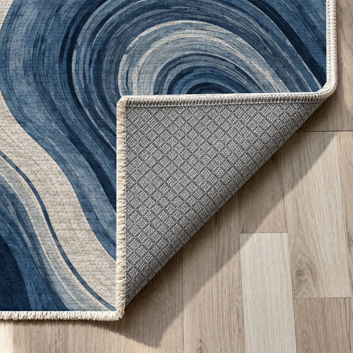 Growth Rings Indigo Floral Washable Rug — backing close up