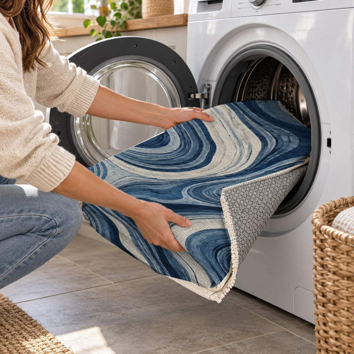 Growth Rings Indigo Floral Washable Rug — washing machine