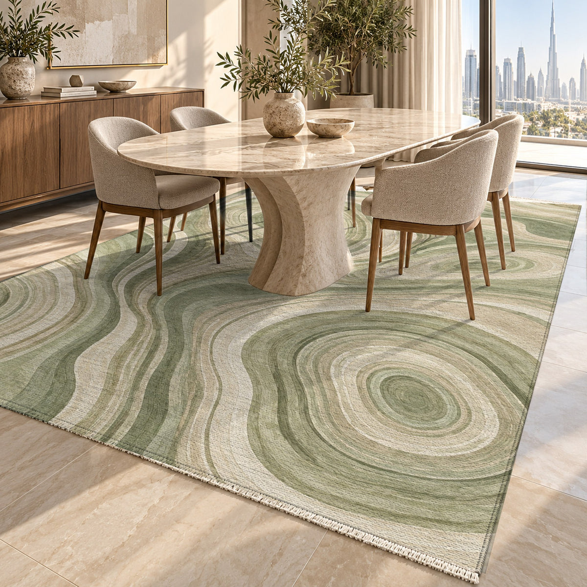 Growth Rings Sage Floral Washable Rug — dubai dining