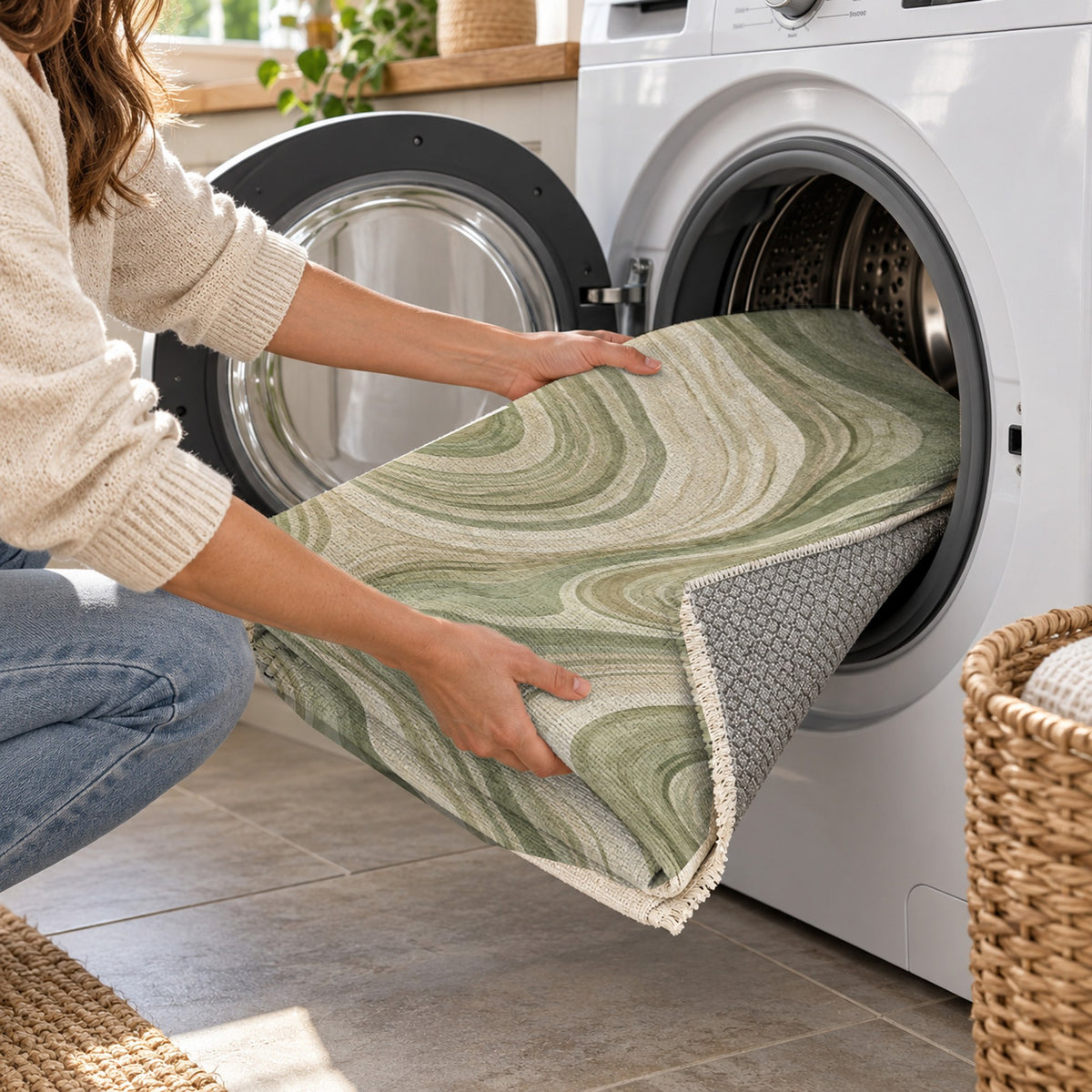 Growth Rings Sage Floral Washable Rug — washing machine