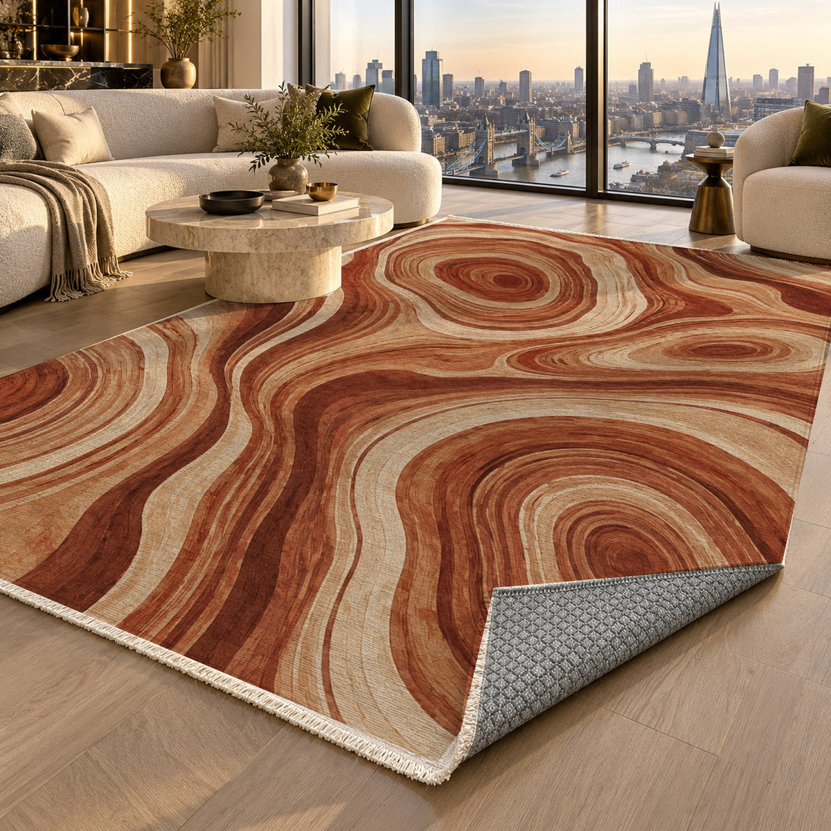 Growth Rings Terracotta Floral Washable Rug — london luxury living