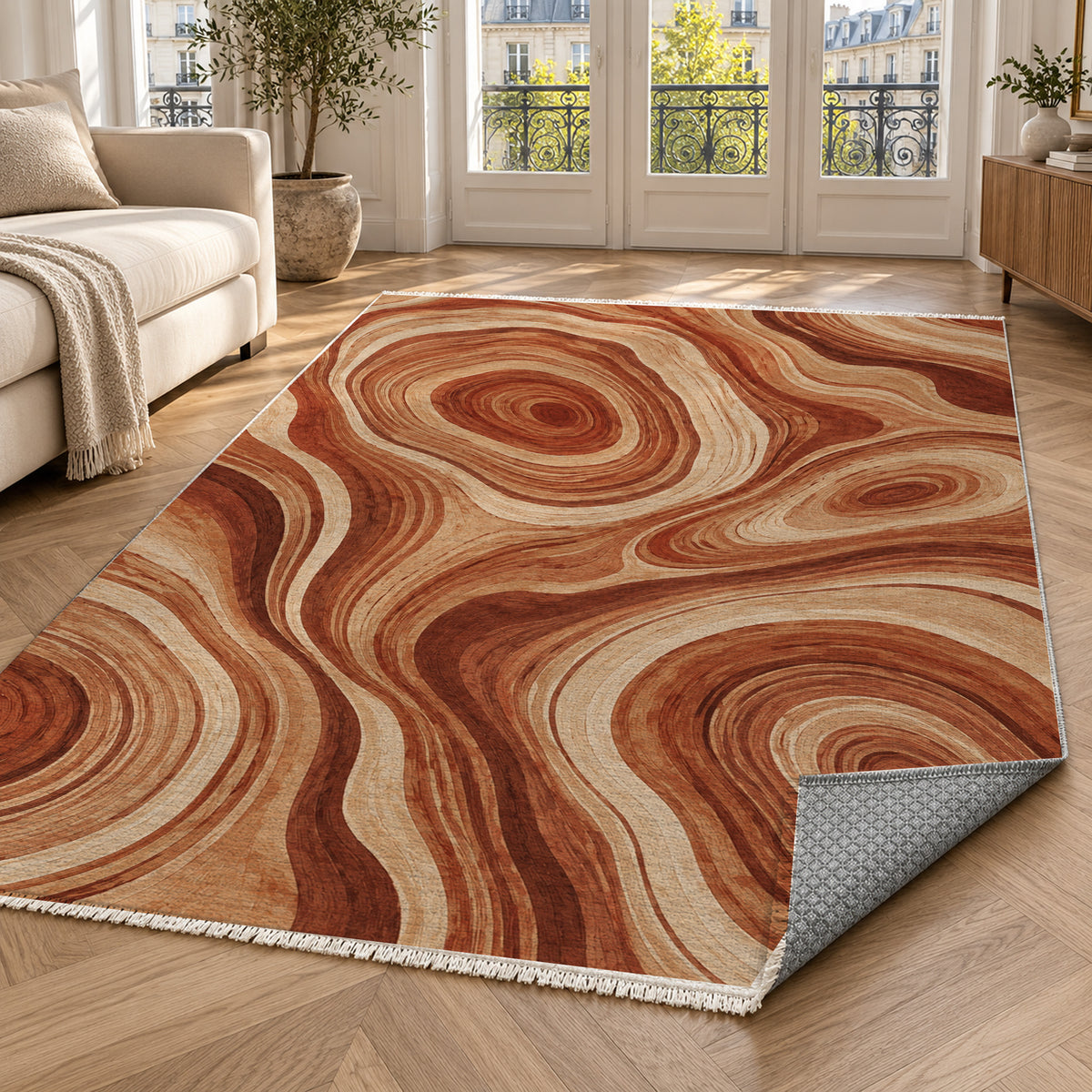 Growth Rings Terracotta Floral Washable Rug — paris living