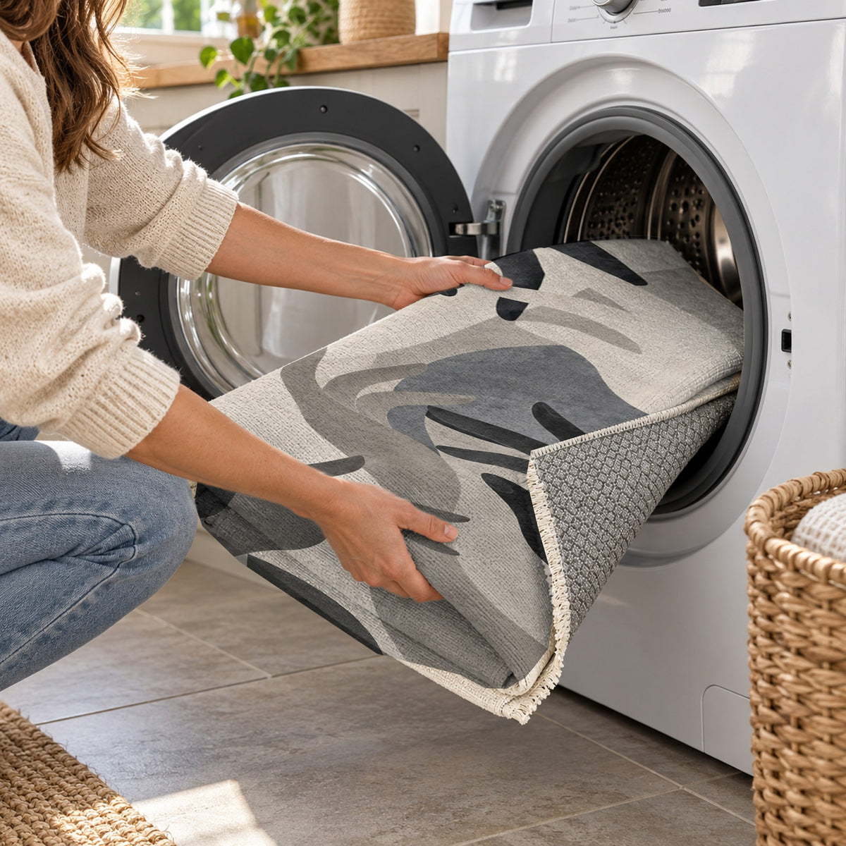 Hands In Harmony Charcoal Abstract Washable Rug — washing machine