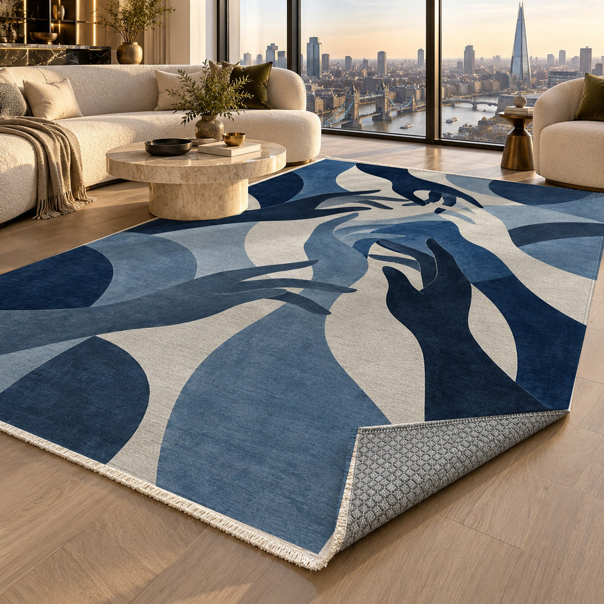 Hands In Harmony Indigo Abstract Washable Rug — london luxury living