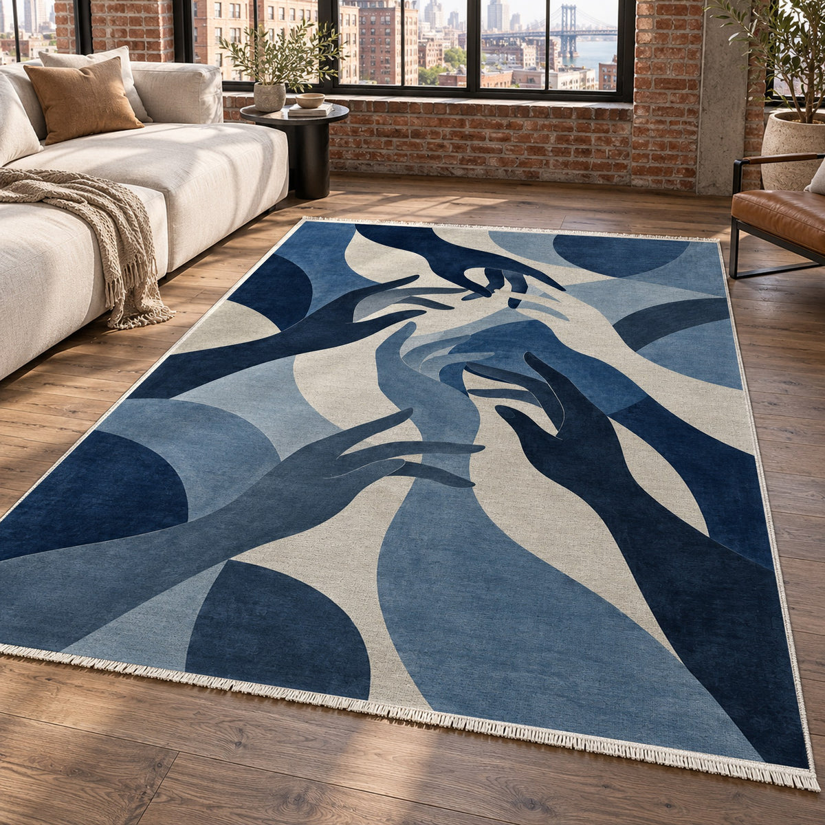 Hands In Harmony Indigo Abstract Washable Rug — new york living