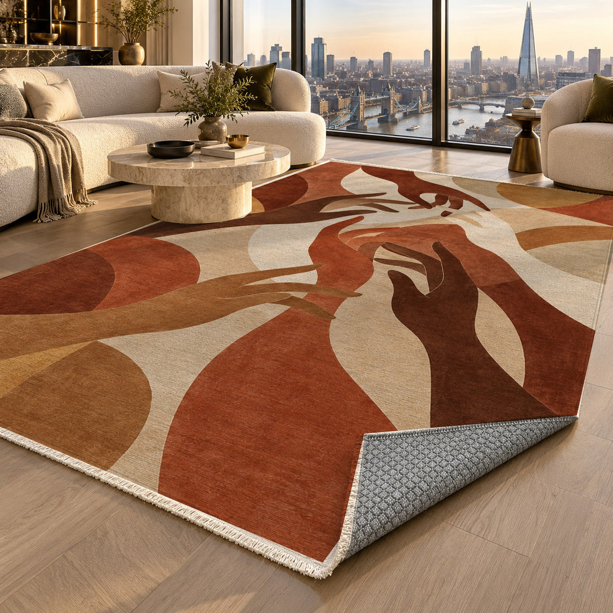 Hands In Harmony Terracotta Abstract Washable Rug — london luxury living